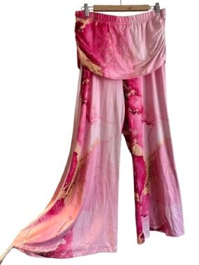 Women's Wide Leg Fold-Over Waist Pants in Pink Marble